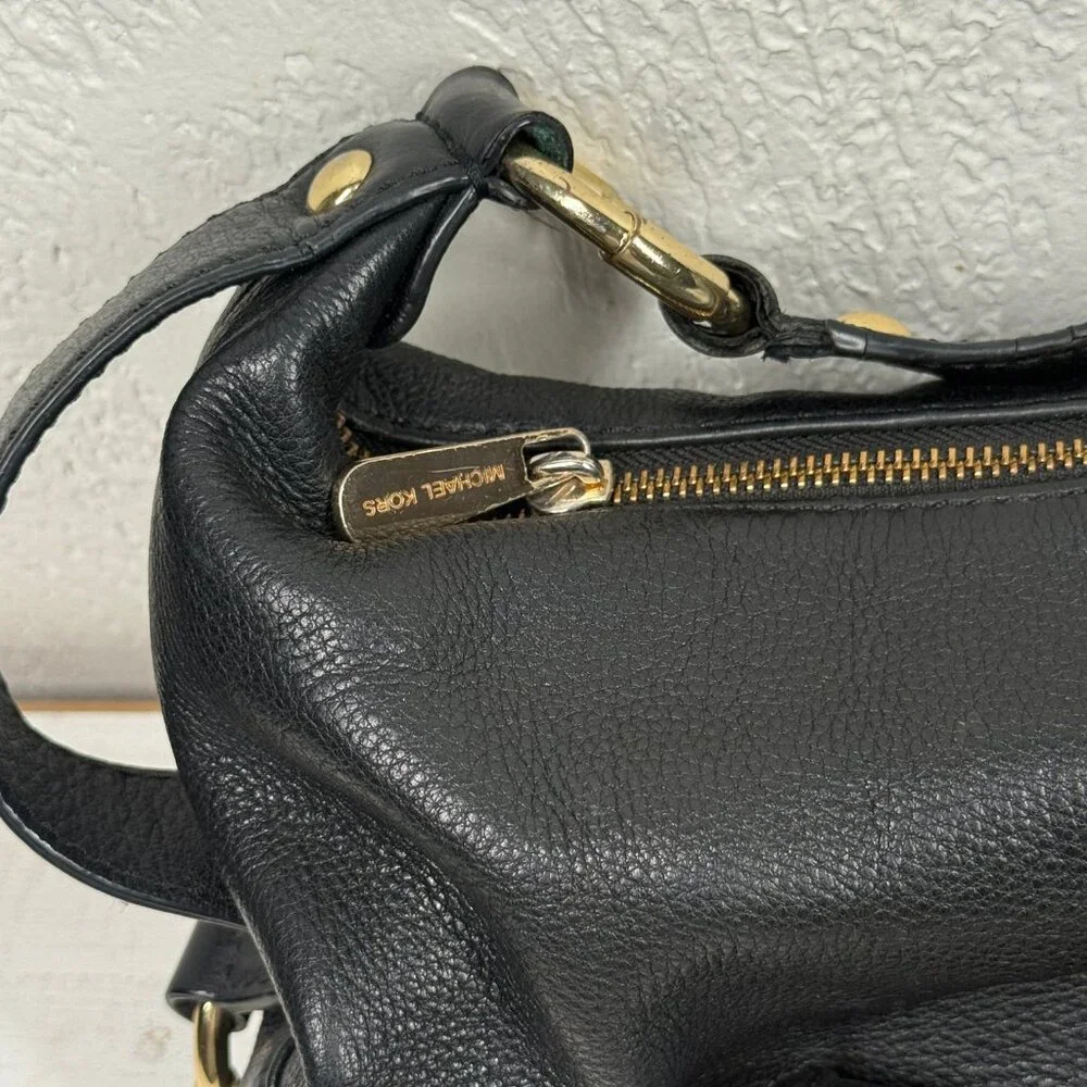 Michael Kors Black Leather Hobo Shoulder Bag Gold MK Logo Zip Top Medium